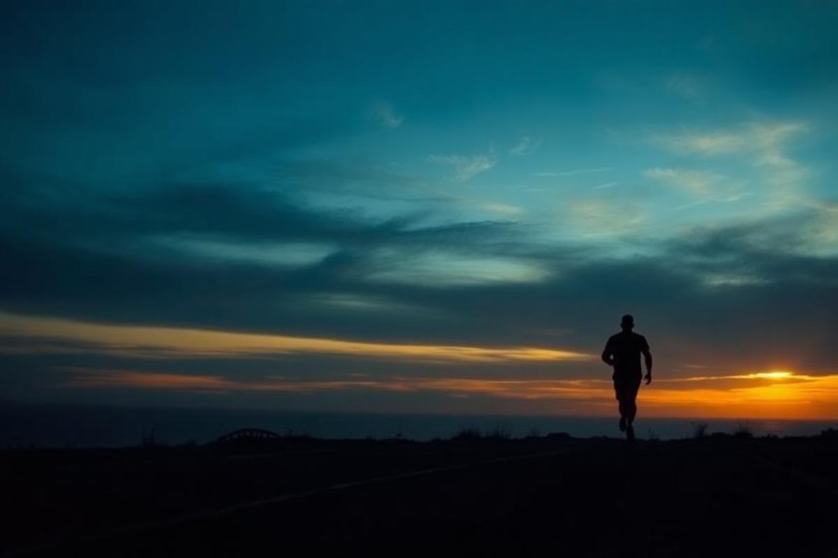 A man running alone on a coastal road at dawn