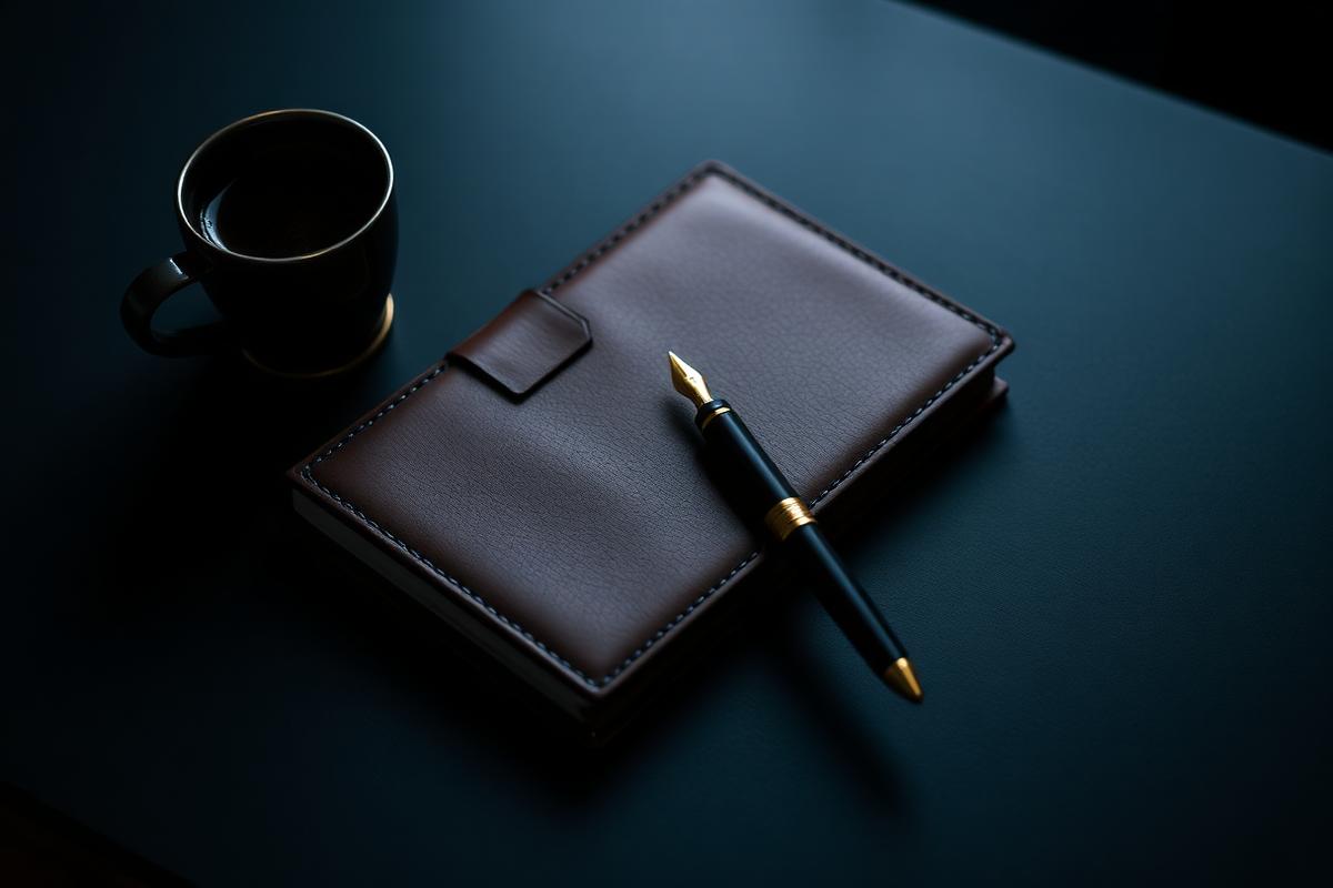 A leather journal, fountain pen and black coffee on a dark desk