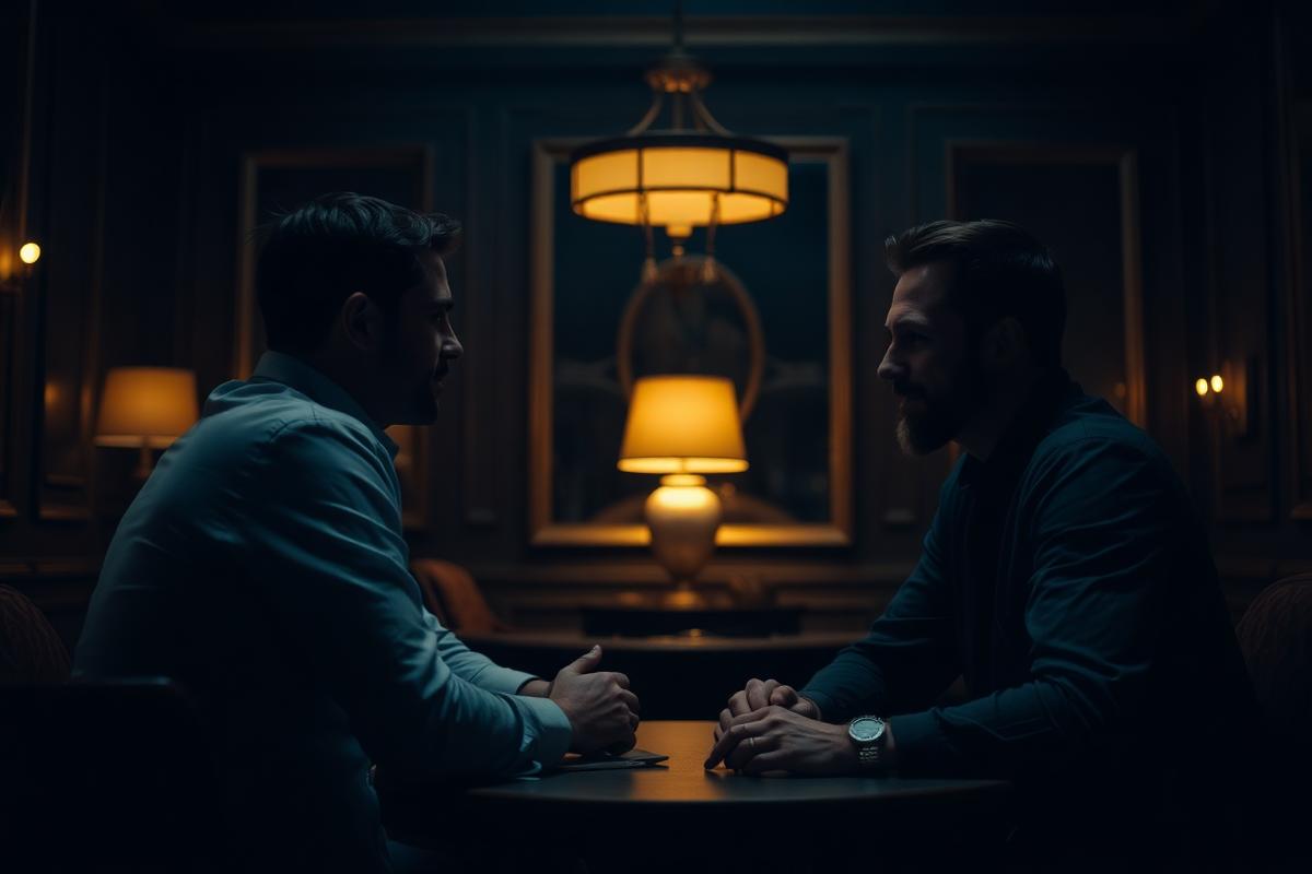 Two men in conversation across a table in a dimly lit room